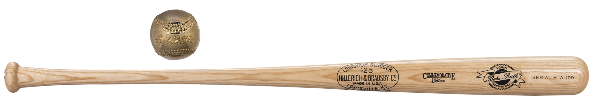 Babe Ruth 100th Anniversary Hillerich & Bradsby Commemorative Bat & 24kt Gold Plate Ball With Embossed Signature